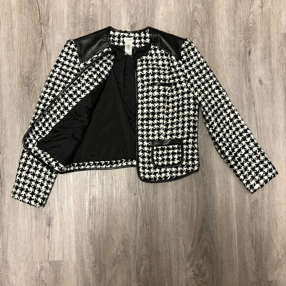 Cache Women's Size 2 Wool Blend Cropped Jacket Black White Houndstooth Blazer - Picture 2 of 9
